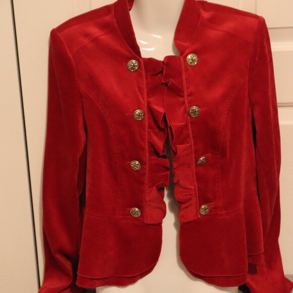 Cass Vibrant Red Velvet Jacket Size Petite Large Hook & Eye Front Closure - Picture 3 of 16